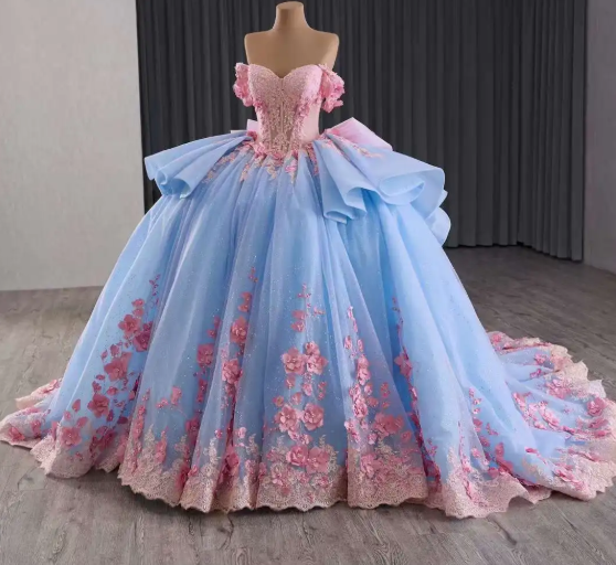 Fairy Off-the-shoulder Ball Gown Blue Long Prom Dresses Tulle Applique Blue Quinceaña Dresses Sweet 16 Dresses DP3776