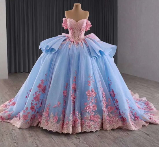 Fairy Off-the-shoulder Ball Gown Blue Long Prom Dresses Tulle Applique Blue Quinceaña Dresses Sweet 16 Dresses DP3776