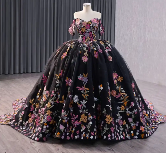 Fairy Off-the-shoulder Ball Gown Black Long Prom Dresses Tulle Applique Black Quinceañera Dresses Sweet 16 Dresses DP3777