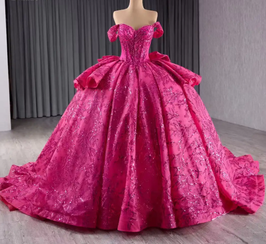 Fairy Off-the-shoulder Ball Gown Fuchsia Long Prom Dresses Tulle Applique Fuchsia Quinceaña Dresses Sweet 16 Dresses  DP3778