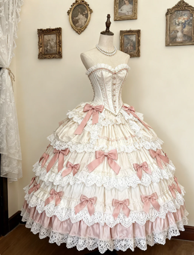 Cute Sweetheart Neck Ball Gown White Long Prom Dresses Sweet Birthday Dresses White Lace Lolita Dresses DP3779