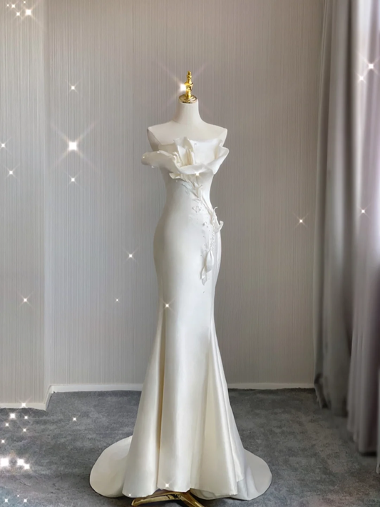 Simple Mermaid Strapless Long Satin White Wedding Dresses Brides Dress With Appliques DP376
