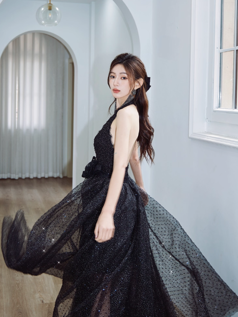 Elegant Vneck A-line Black Long Evening Dresses Sequin Tulle Black Birthday Dresses DP3780