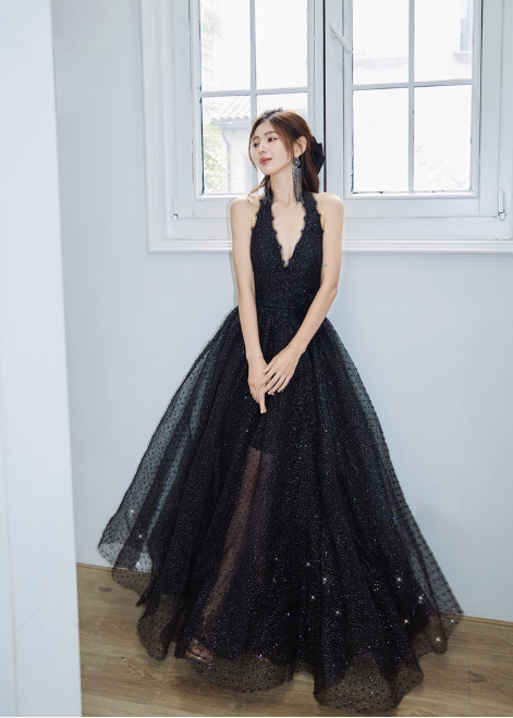 Elegant Vneck A-line Black Long Evening Dresses Sequin Tulle Black Birthday Dresses DP3780