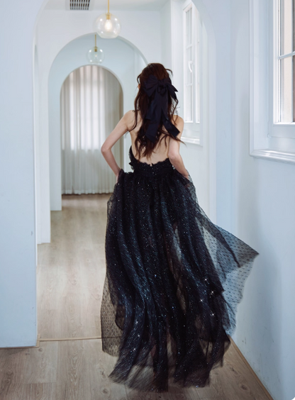 Elegant Vneck A-line Black Long Evening Dresses Sequin Tulle Black Birthday Dresses DP3780