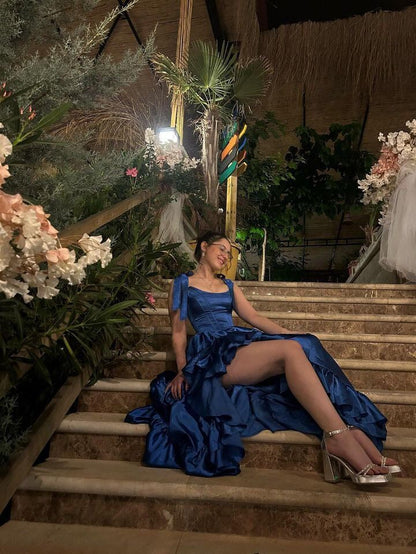 Elegant Strap Sheath Long Prom Dresses Satin Navy Blue Birthday Dresses DP3781