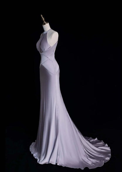 Elegant Halter Mermaid Long Prom Dress Satin Gray-Purple Evening Dress DP3785