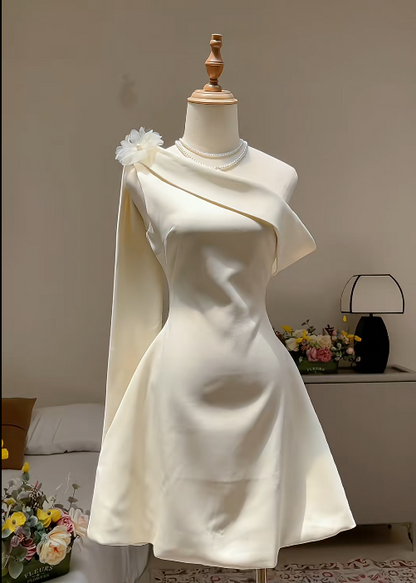 Fairy One-Shoulder Sheath Short Prom Dress Satin White Birthday Dress Sleeveless Homecoming Dresses DP3790