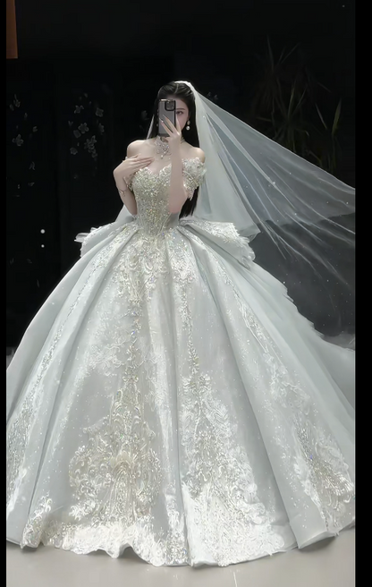 Timeless Off-Shoulder Ball Gown Long Wedding Dresses Rhinestone Tulle White Bridal Gowns Short-Sleeve Bridal Dresses DP3791