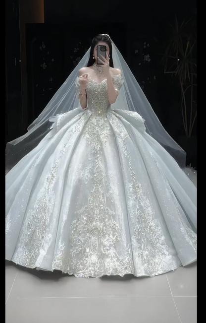 Timeless Off-Shoulder Ball Gown Long Wedding Dresses Rhinestone Tulle White Bridal Gowns Short-Sleeve Bridal Dresses DP3791