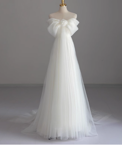 Simple Off-Shoulder A-Line Long Wedding Dress Tulle White Bridal Gown Short Sleeve Bridal Dress DP3792