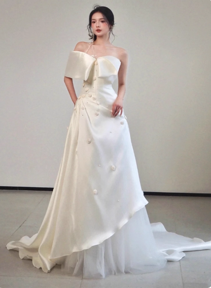 Simple Sheath Long Wedding Dresses Satin Flower White Bridal Gowns Sleeveless Bridal Dresses DP3793