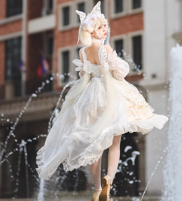 Cute Spaghetti Strap Ball Gown Chiffon Birthday Dress Sweet White Lolita Dresses DP3796