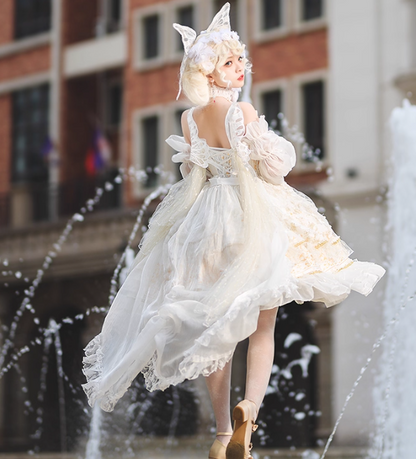 Cute Spaghetti Strap Ball Gown Chiffon Birthday Dress Sweet White Lolita Dresses DP3796