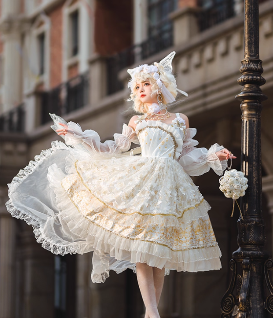 Cute Spaghetti Strap Ball Gown Chiffon Birthday Dress Sweet White Lolita Dresses DP3796