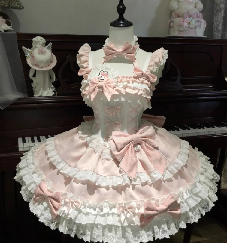 Cute Strap Ball Gown Pink Sleeveless Short Birthday Dress Lace Sweet Lolita Dress DP3797