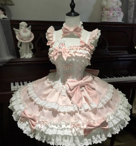 Cute Strap Ball Gown Pink Sleeveless Short Birthday Dress Lace Sweet Lolita Dress DP3797