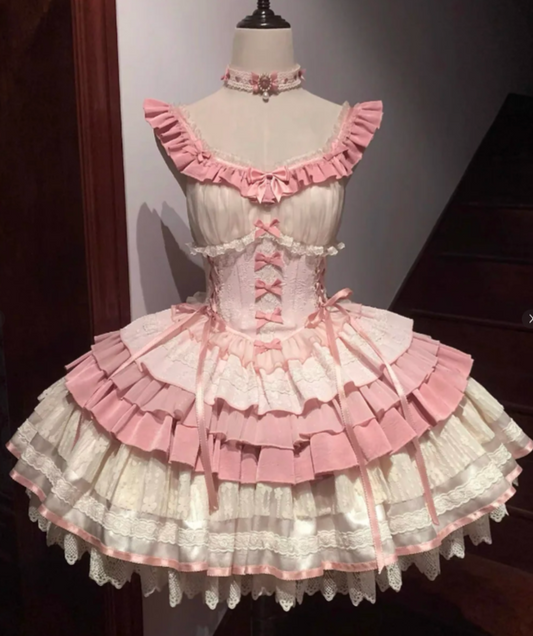 Fairy Strap Ball Gown Pink Sleeveless Short Birthday Dress Lace Sweet Lolita Dress DP3798