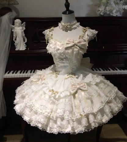 Fairy Strap Ball Gown White Sleeveless Short Birthday Dresses Lace Sweet Lolita Dresses DP3799