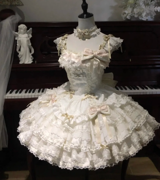 Fairy Strap Ball Gown White Sleeveless Short Birthday Dresses Lace Sweet Lolita Dresses DP3799