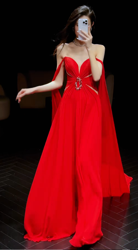 Elegant Sheath Long Prom Dresses , Chiffon Red Evening Dresses DP3801