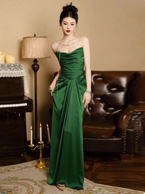 Elegant Strapless Sheath Long Prom Dresses Satin Dark Green Evening Dresses DP3802
