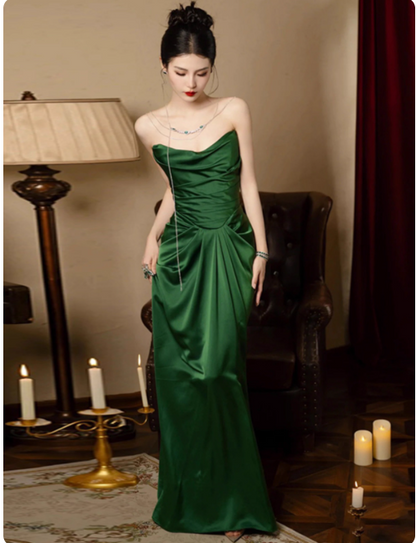 Elegant Strapless Sheath Long Prom Dresses Satin Dark Green Evening Dresses DP3802