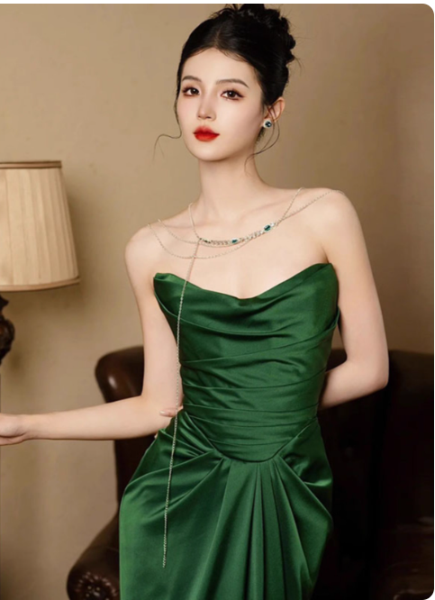 Elegant Strapless Sheath Long Prom Dresses Satin Dark Green Evening Dresses DP3802