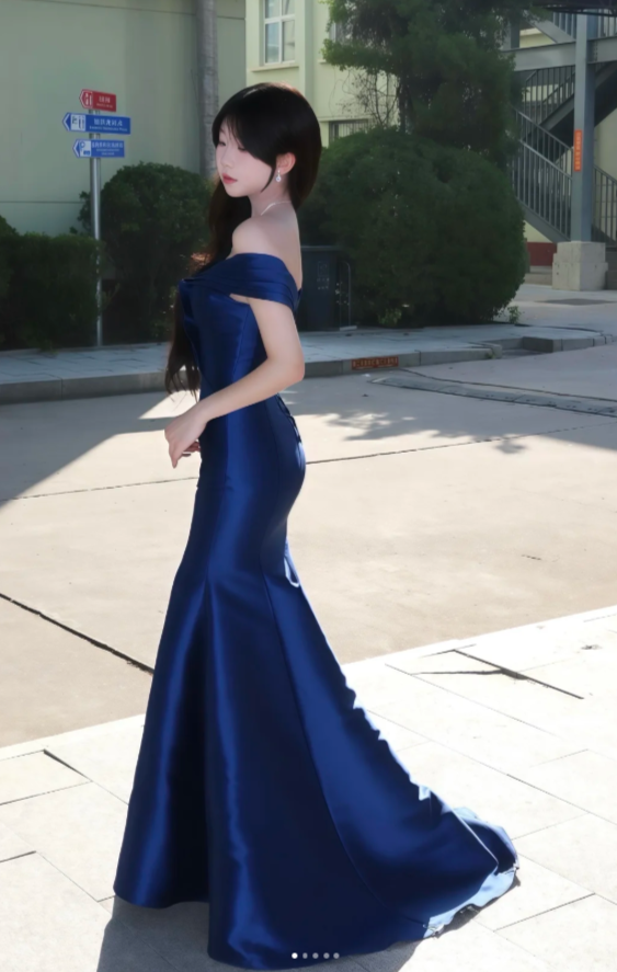 Elegant Off-Shoulder Mermaid Long Prom Dresses Satin Navy Blue Evening Dresses DP3803