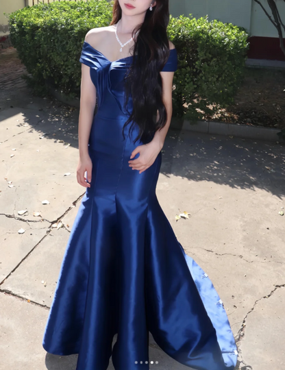 Elegant Off-Shoulder Mermaid Long Prom Dresses Satin Navy Blue Evening Dresses DP3803
