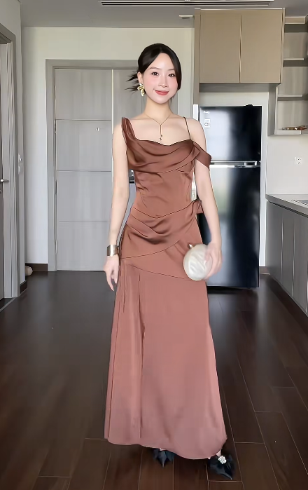 Elegant Spaghetti Straps Sheath Long Prom Dresses Satin Brown Wedding Guest Dresses DP3805