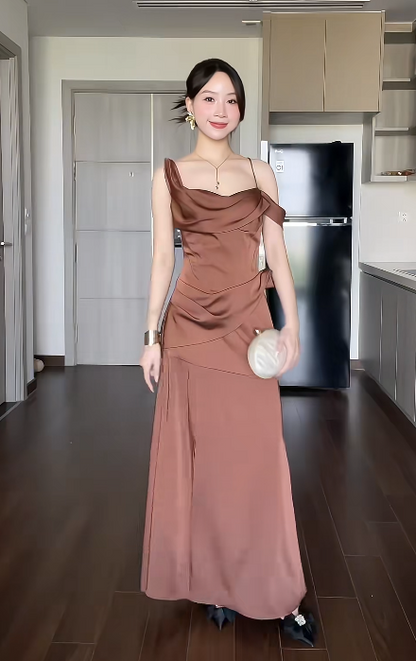 Elegant Spaghetti Straps Sheath Long Prom Dresses Satin Brown Wedding Guest Dresses DP3805