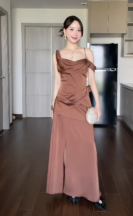 Elegant Spaghetti Straps Sheath Long Prom Dresses Satin Brown Wedding Guest Dresses DP3805