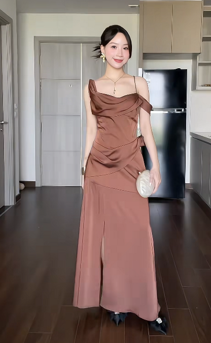 Elegant Spaghetti Straps Sheath Long Prom Dresses Satin Brown Wedding Guest Dresses DP3805