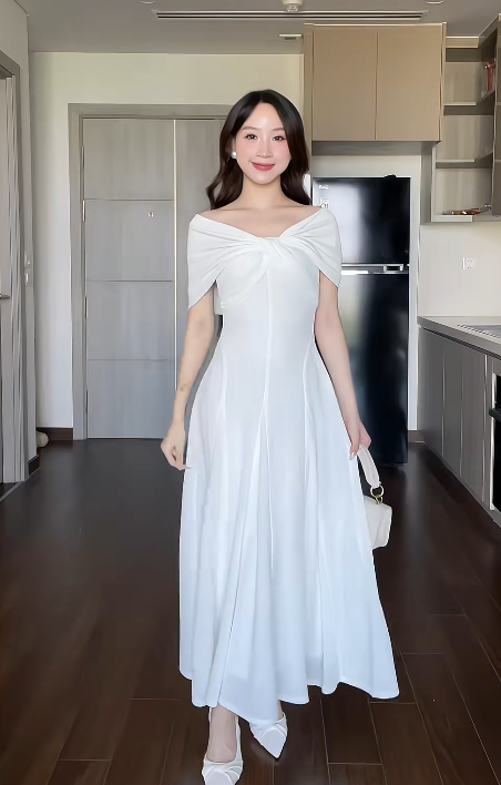 Elegant Off-Shoulder A-Line Long Prom Dress Chiffon White Wedding Guest Dress DP3806