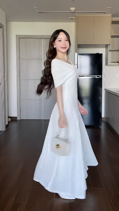 Elegant Off-Shoulder A-Line Long Prom Dress Chiffon White Wedding Guest Dress DP3806