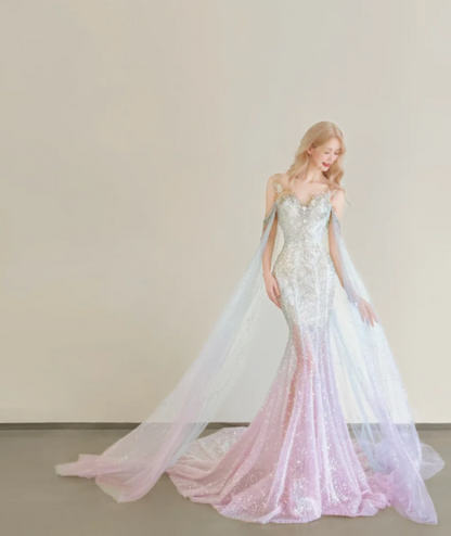 Gorgeous Sweetheart Neck Mermaid Long Prom Dress Sequined Tulle Pink Evening Gown DP3807