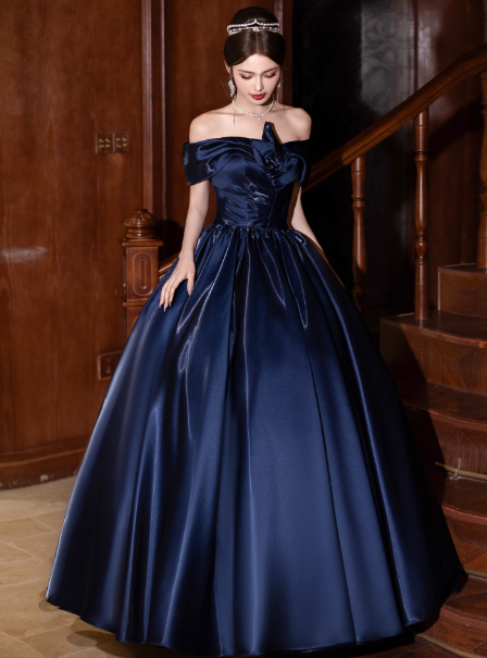 Elegant Cap Sleeve A-Line Prom Dress Satin Navy Blue Evening Gown DP3809