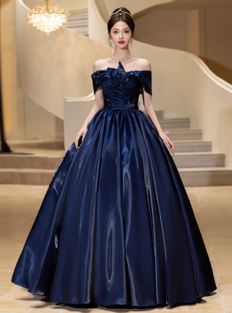 Elegant Cap Sleeve A-Line Prom Dress Satin Navy Blue Evening Gown DP3809