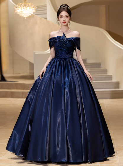 Elegant Cap Sleeve A-Line Prom Dress Satin Navy Blue Evening Gown DP3809