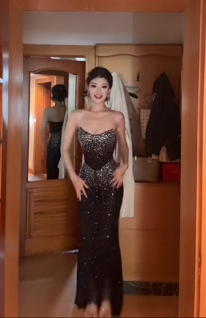 Elegant Strapless Sheath Long Prom Dresses Rhinestone Black Evening Gown DP3811