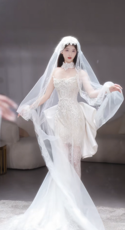 Timeless Strapless Mermaid Long Wedding Dresses Lace White Bridal Gowns Sleeveless Bridal Dresses DP3814