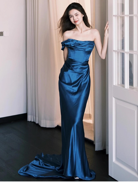 Glam One Shoulder Sheath Long Prom Dresses Satin Navy Blue Evening Dresses DP3816