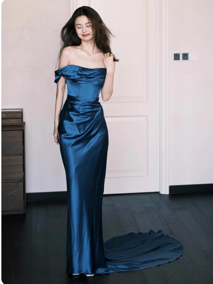 Glam One Shoulder Sheath Long Prom Dresses Satin Navy Blue Evening Dresses DP3816