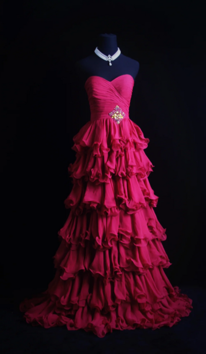 Gorgeous A-Line Hot Pink Long Prom Dresses Sweetheart Neck Evening Dresses Chiffon Hot Pink Formal Dresses DP3817