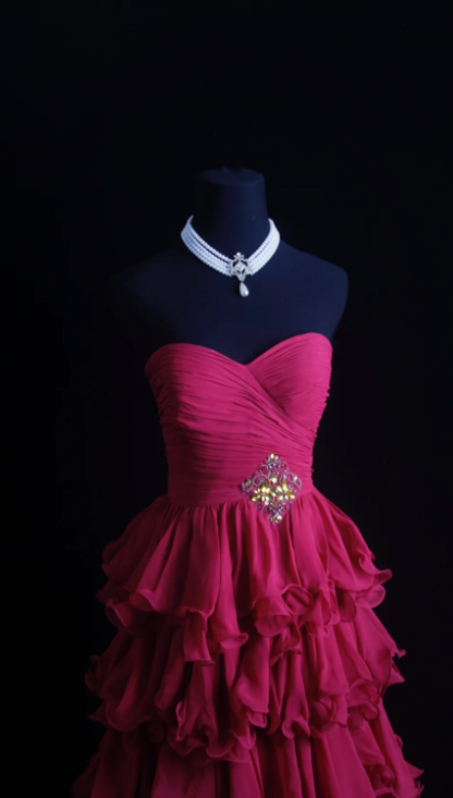 Gorgeous A-Line Hot Pink Long Prom Dresses Sweetheart Neck Evening Dresses Chiffon Hot Pink Formal Dresses DP3817