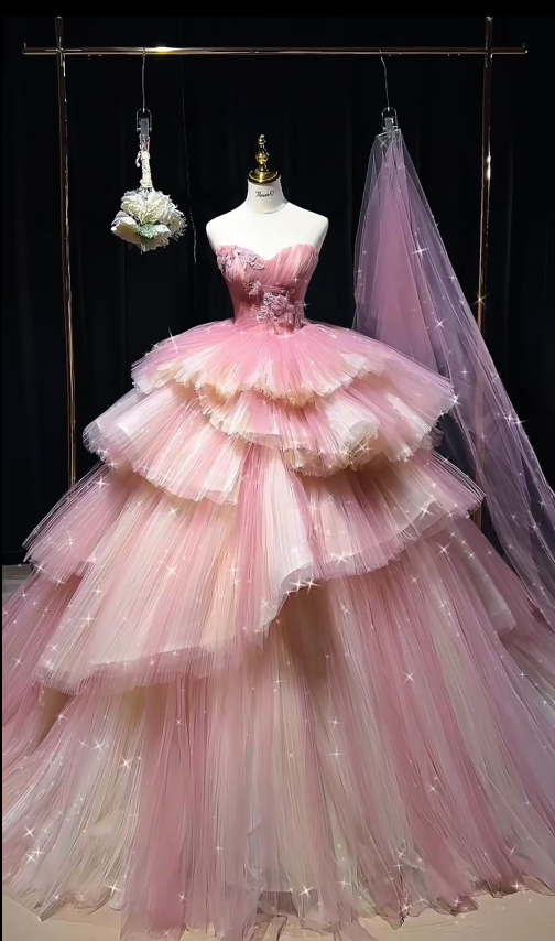 Fairy Ball Gown Pink Long Prom Dresses Strapless Tulle Sleeveless Pink Quinceanera Dresses Sweet 16 Dress DP3820