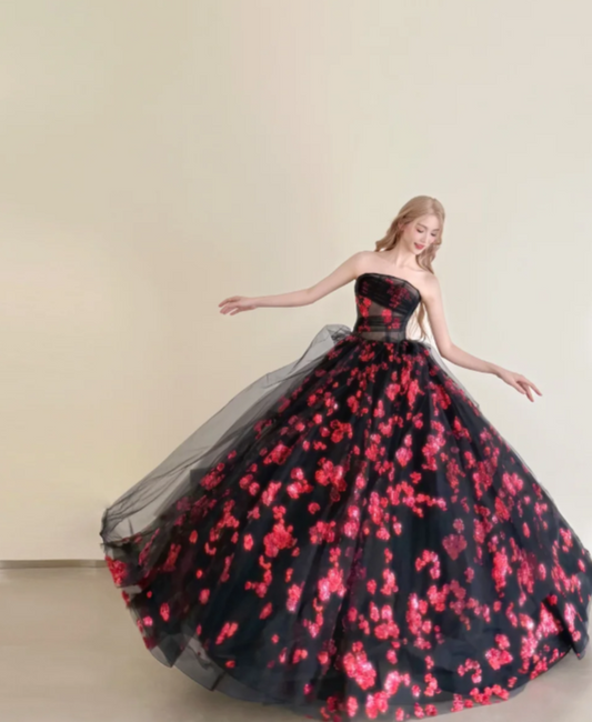 Fairy Ball Gown Black Long Prom Dresses Strapless Tulle Sleeveless Black Quinceanera Dresses Sweet 16 Dress DP3821