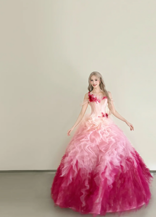 Cute Ball Gown Gradient Pink Long Prom Dresses Strapless Tulle Sleeveless Gradient Pink Quinceanera Dresses Sweet 16 Dress DP3822