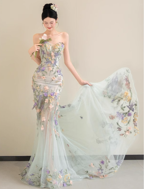 Fairy Mermaid Soft Green Long Prom Dresses Sweetheart Neck Tulle Applique Light Green Birthday Dresses DP3824